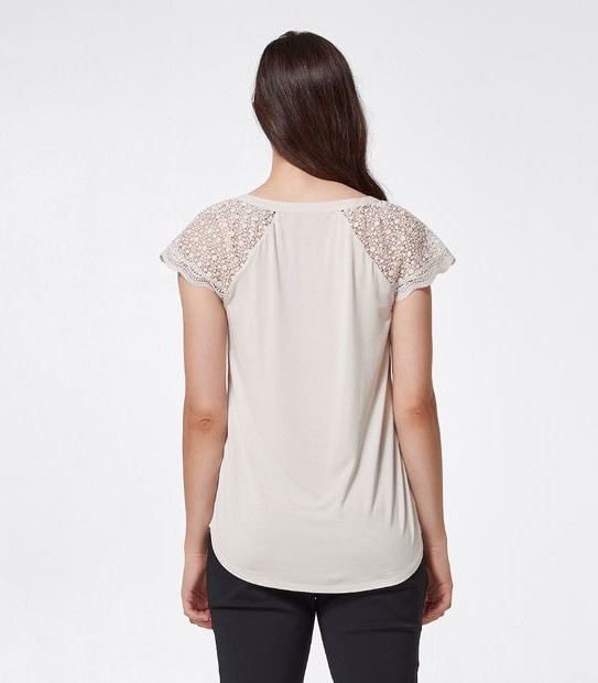 Preview Lace Sleeve Woven and Knit Shell Top - Champagne