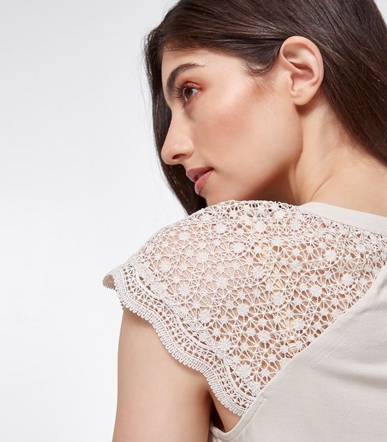 Preview Lace Sleeve Woven and Knit Shell Top - Champagne