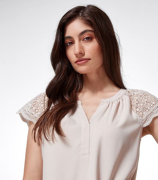 Preview Lace Sleeve Woven and Knit Shell Top - Champagne