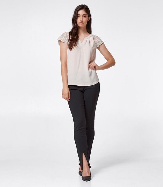 Preview Lace Sleeve Woven and Knit Shell Top - Champagne