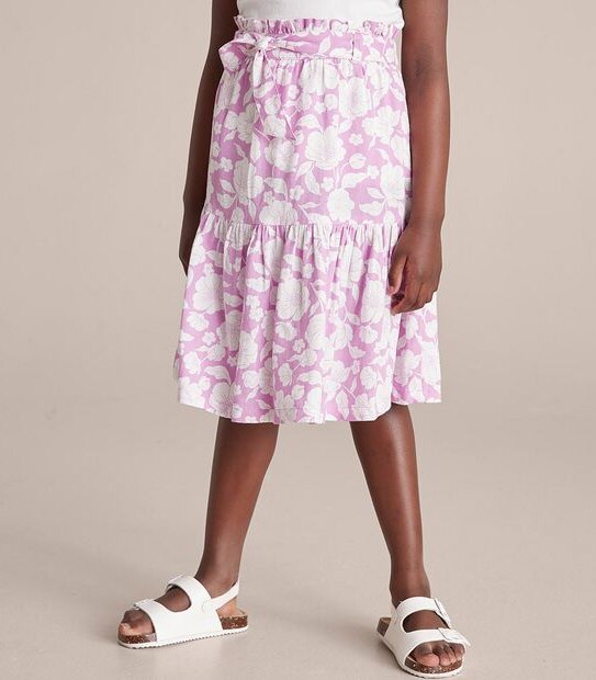 Linen Blend Floral Midi Skirt