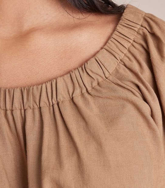 Linen Blended Off Shoulder Blouson Blouse
