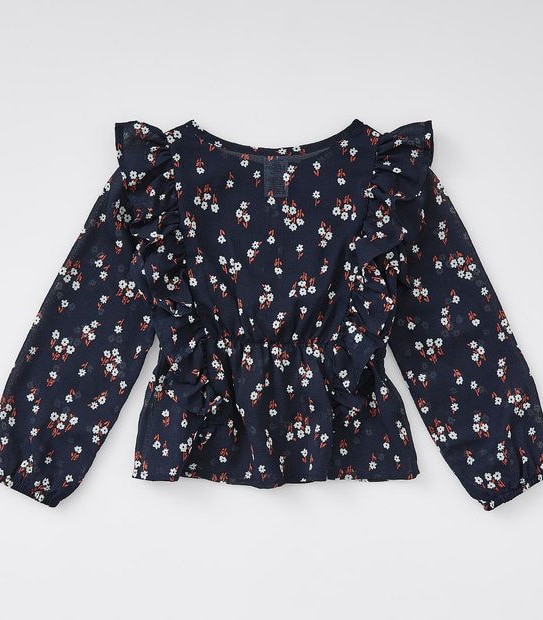Floral Long Sleeve Blouse - Navy Blue