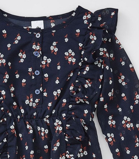 Floral Long Sleeve Blouse - Navy Blue