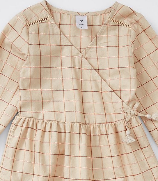 Woven Tiered Wrap Dress - Neutral Metallic Grid Print