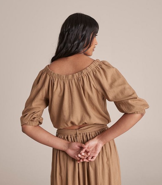 Linen Blended Off Shoulder Blouson Blouse