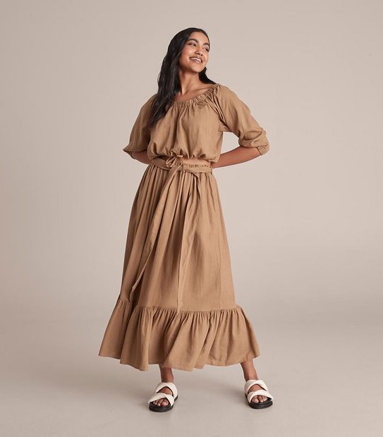 Linen Blended Off Shoulder Blouson Blouse