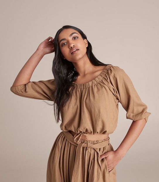 Linen Blended Off Shoulder Blouson Blouse