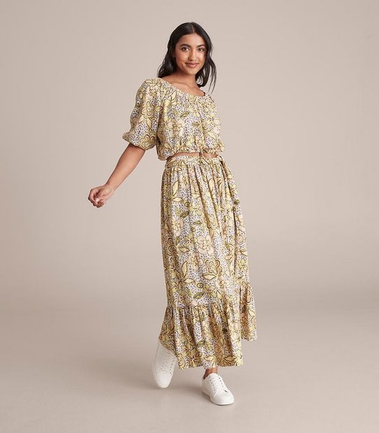 Linen Blend Ruffle Hem Maxi Skirt