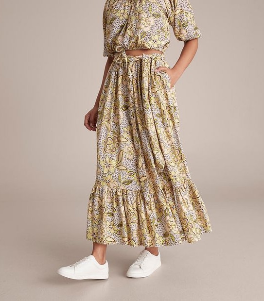 Linen Blend Ruffle Hem Maxi Skirt