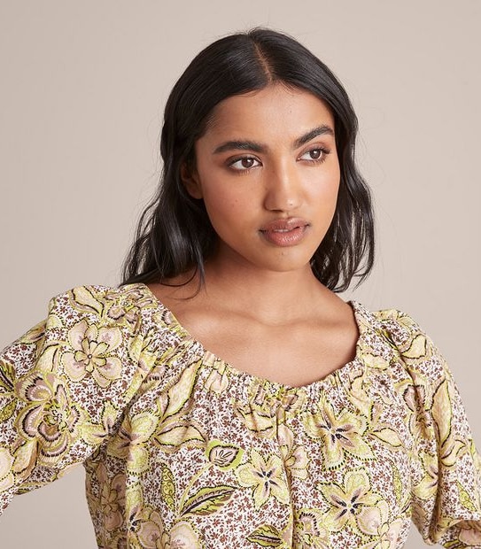Linen Blended Off Shoulder Blouson Blouse