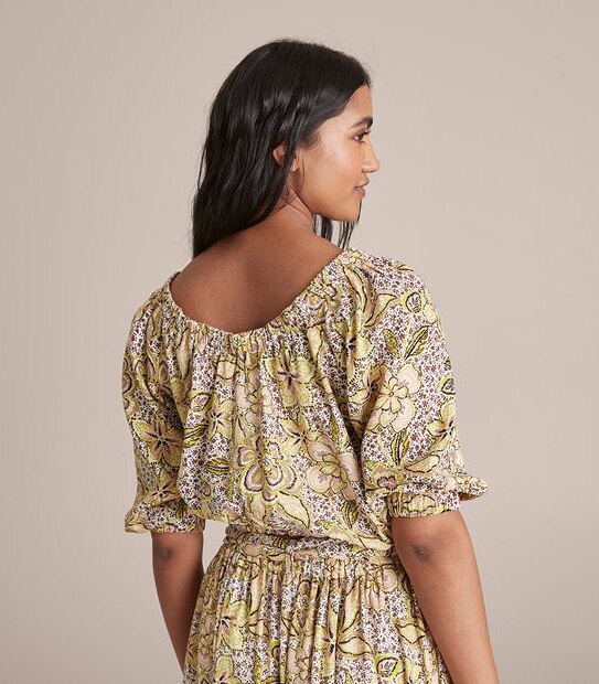 Linen Blended Off Shoulder Blouson Blouse