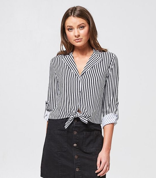 Lily Loves Tie Front Shirt - White/Black Stripe