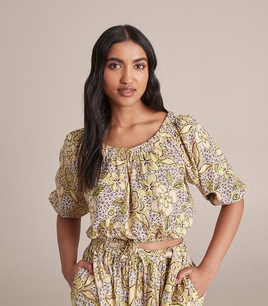 Linen Blended Off Shoulder Blouson Blouse