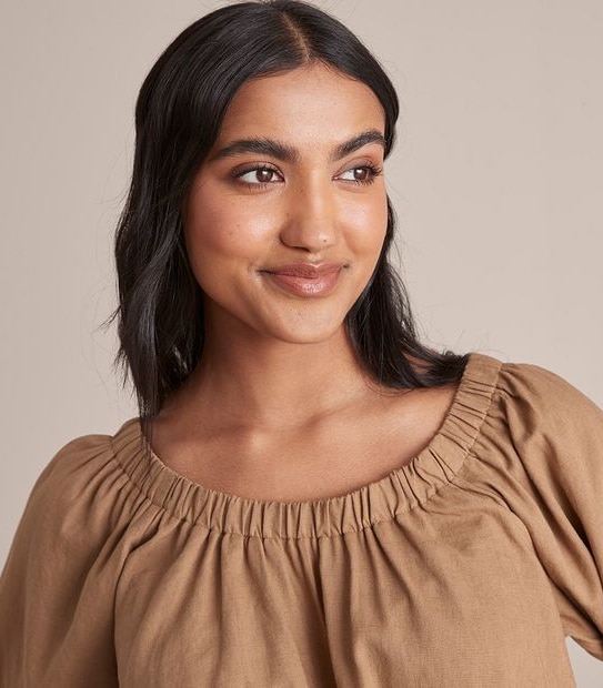 Linen Blended Off Shoulder Blouson Blouse