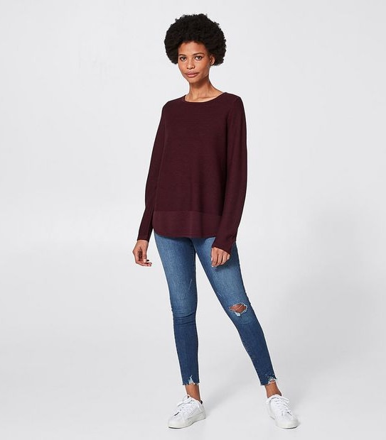 Curved Hem Stitched Jumper - Burgundy Red