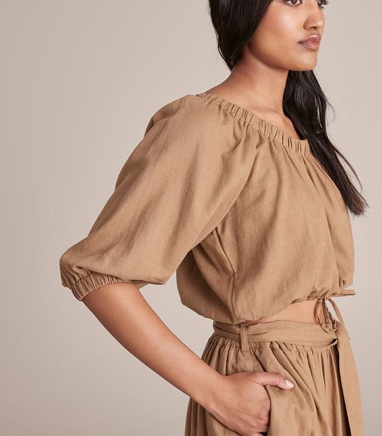 Linen Blended Off Shoulder Blouson Blouse