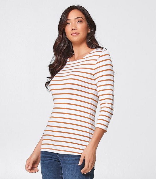 3/4 Sleeve Crew Neck Top - White/Brown Stripe
