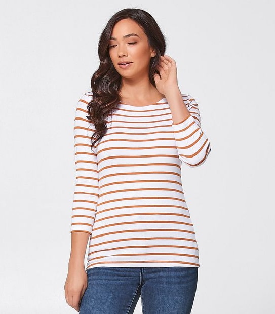 3/4 Sleeve Crew Neck Top - White/Brown Stripe
