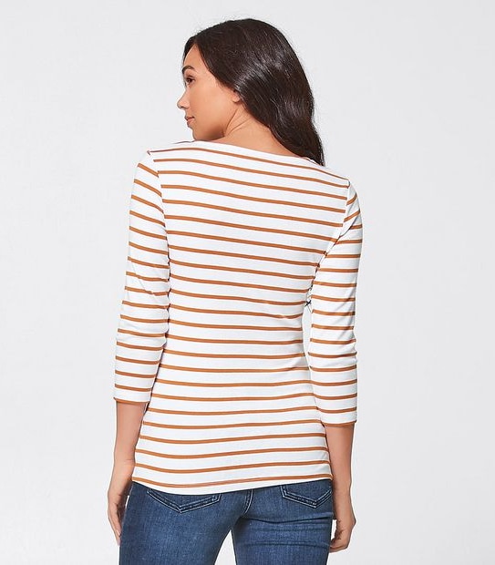 3/4 Sleeve Crew Neck Top - White/Brown Stripe