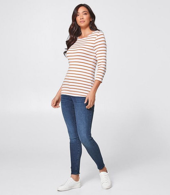 3/4 Sleeve Crew Neck Top - White/Brown Stripe
