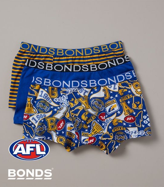3 Pack Bonds Boys AFL West Coast Trunks
