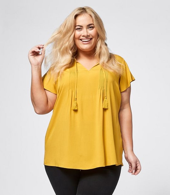 Belle Curve Short Sleeve Pintuck Top - Arrowwood  Yellow 