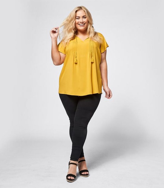 Belle Curve Short Sleeve Pintuck Top - Arrowwood  Yellow 