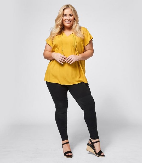 Belle Curve Short Sleeve Pintuck Top - Arrowwood  Yellow 