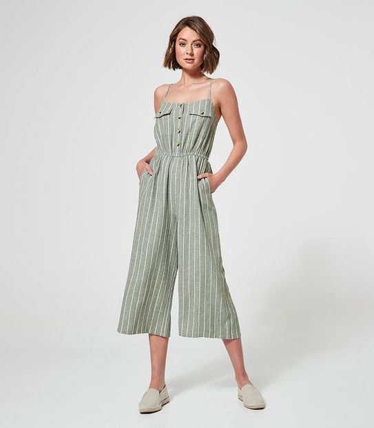 Lily Loves Linen Blend Wide Leg Jumpsuit - Khaki Green Stripe