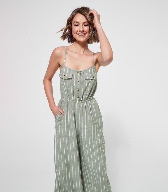 Lily Loves Linen Blend Wide Leg Jumpsuit - Khaki Green Stripe