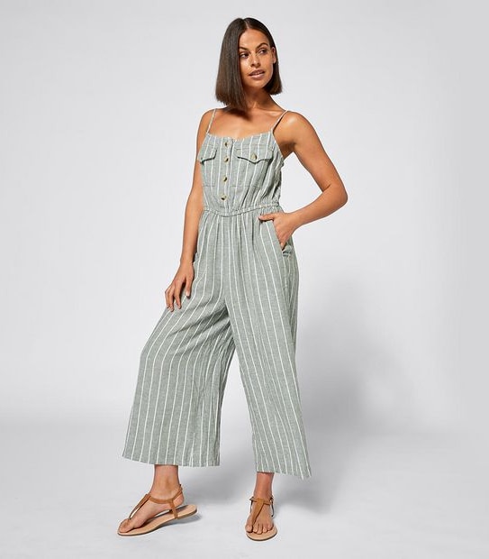 Lily Loves Linen Blend Wide Leg Jumpsuit - Khaki Green Stripe