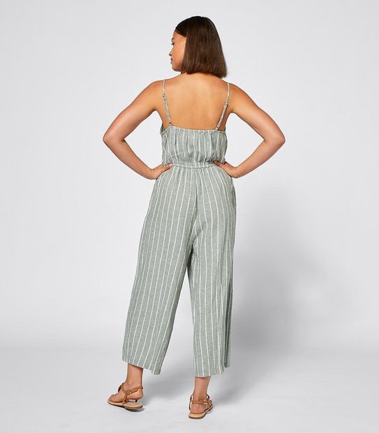 Lily Loves Linen Blend Wide Leg Jumpsuit - Khaki Green Stripe
