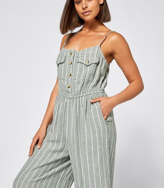 Lily Loves Linen Blend Wide Leg Jumpsuit - Khaki Green Stripe