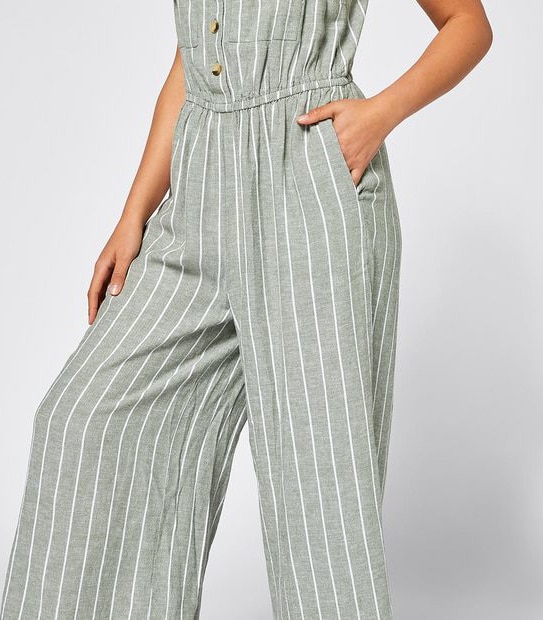 Lily Loves Linen Blend Wide Leg Jumpsuit - Khaki Green Stripe