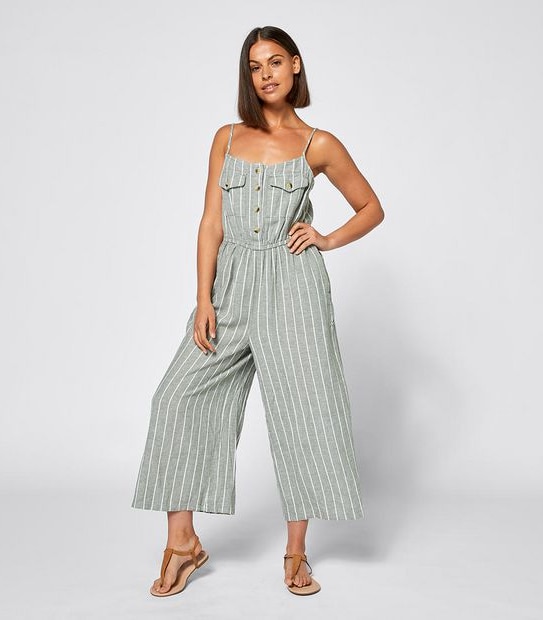 Lily Loves Linen Blend Wide Leg Jumpsuit - Khaki Green Stripe