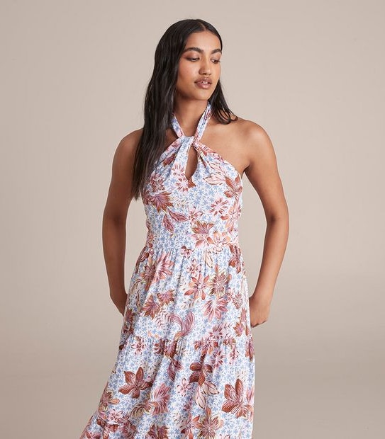 Linen Blend Halter Tiered Midi Dress