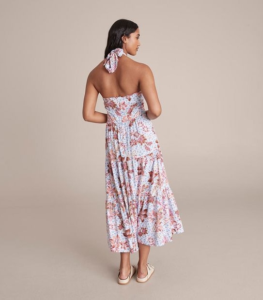 Linen Blend Halter Tiered Midi Dress