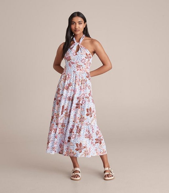 Linen Blend Halter Tiered Midi Dress