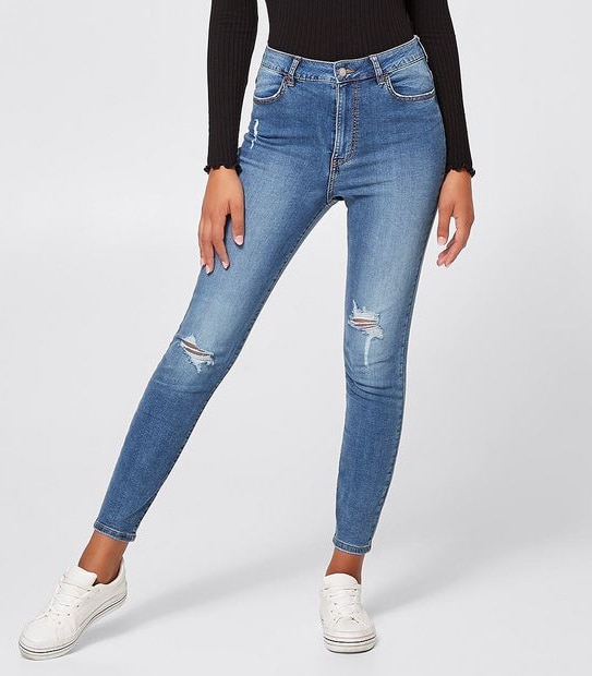 Lily Loves High Rise Skinny Jeans - Mid Blue Distressed