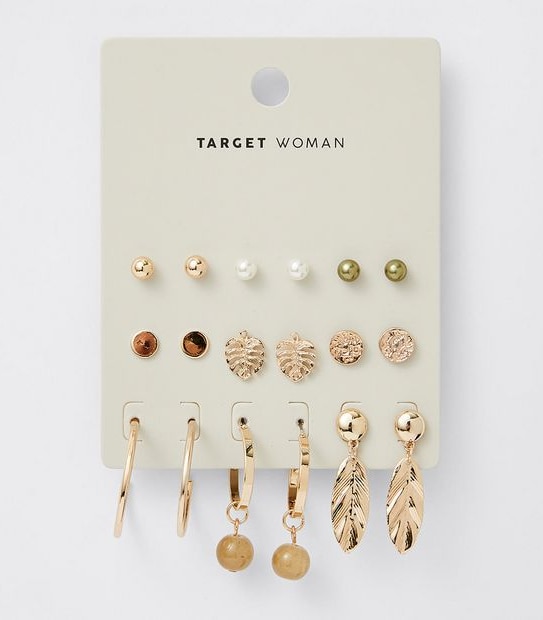 9 Pack Stud Leaf Earrings - Gold