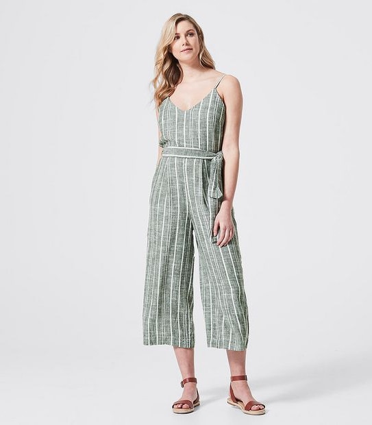 Linen Blend Cami Jumpsuit - Thyme Green/White Stripe