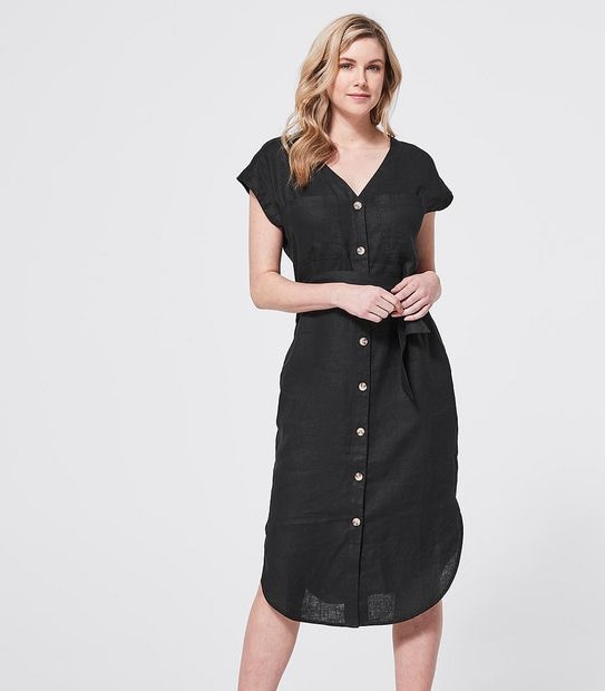 Short Sleeve European Linen Shift Dress - Black