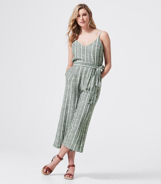 Linen Blend Cami Jumpsuit - Thyme Green/White Stripe