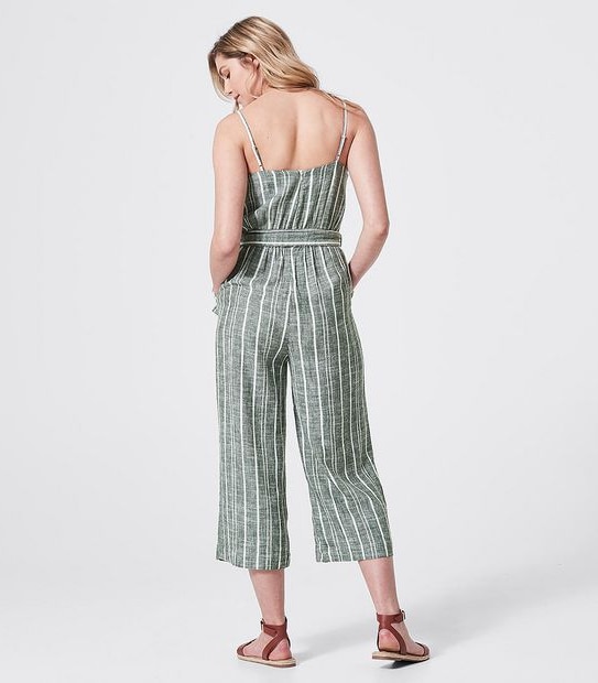 Linen Blend Cami Jumpsuit - Thyme Green/White Stripe