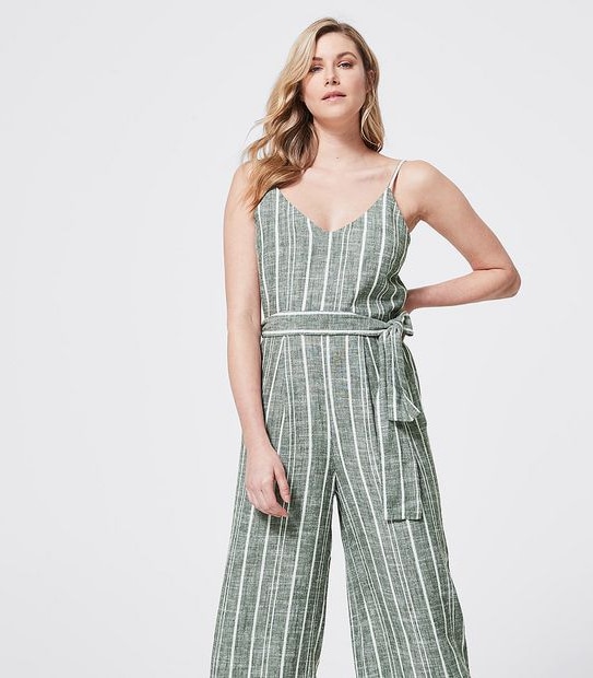 Linen Blend Cami Jumpsuit - Thyme Green/White Stripe