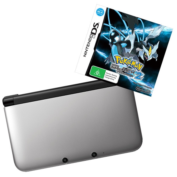 Nintendo 3DS XL Silver Console + Pokemon Black Version 2 DS Game Bundle