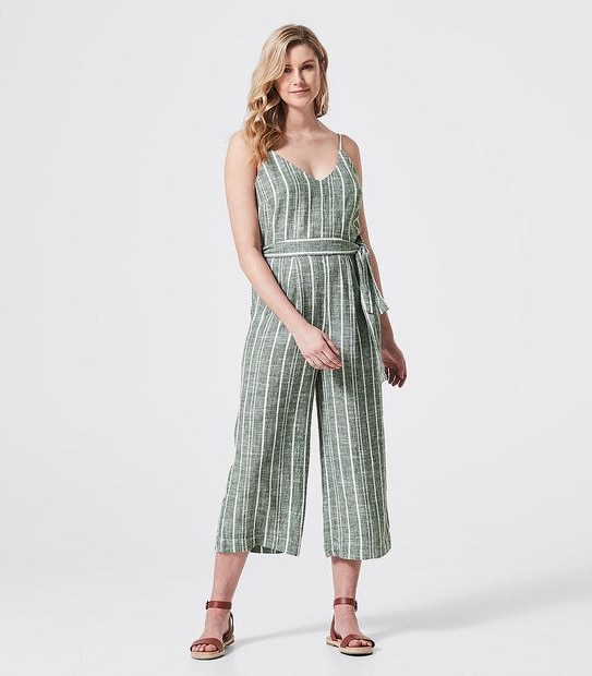 Linen Blend Cami Jumpsuit - Thyme Green/White Stripe