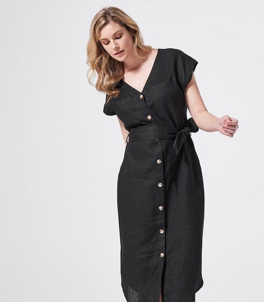 Short Sleeve European Linen Shift Dress - Black
