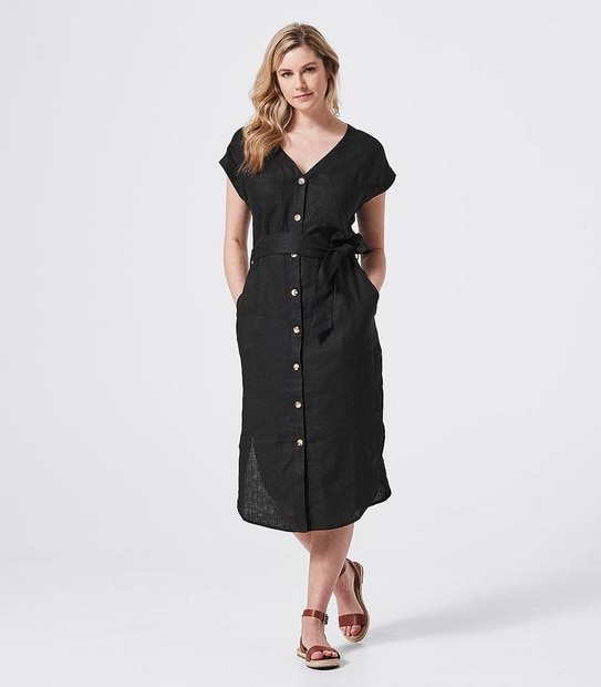 Short Sleeve European Linen Shift Dress - Black